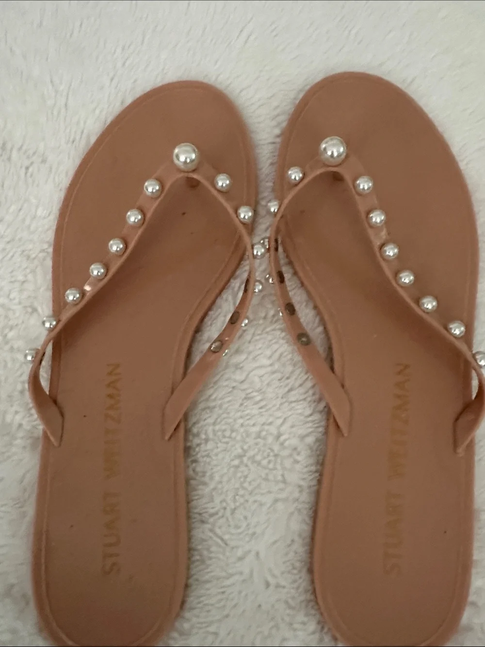 Stuart Weitzman Blush Pearl-Embellished Thong Sandals